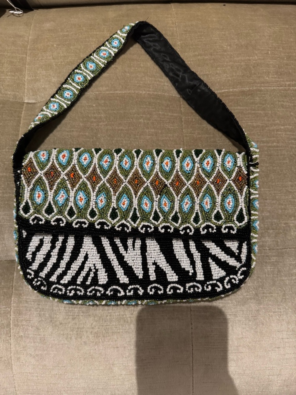Beaded Zebra-Print Shoulder Bag in Black & Green